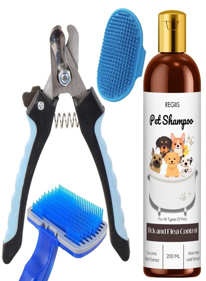 شامبو ريجيس للحيوانات الأليفة مع مكافحة القراد والبراغيث، مكونات طبيعية مع الكركم والصبار، 200 مل، طقم عناية بالحيوانات الأليفة مع فرش (عبوة من 4 قطع) - Image 1